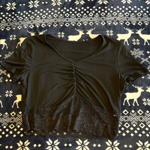 Black Lace Trim Ruched Top